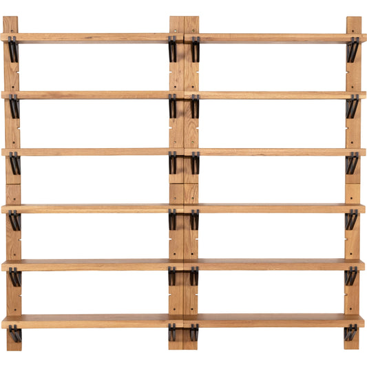 Pivott Shelf by Four Hands in dark iron, natural oak. Made from iron, oak veneer, solid oak in a rustic style.