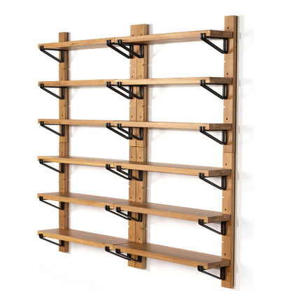 Pivott Shelf by Four Hands in dark iron, natural oak. Made from iron, oak veneer, solid oak in a rustic style.