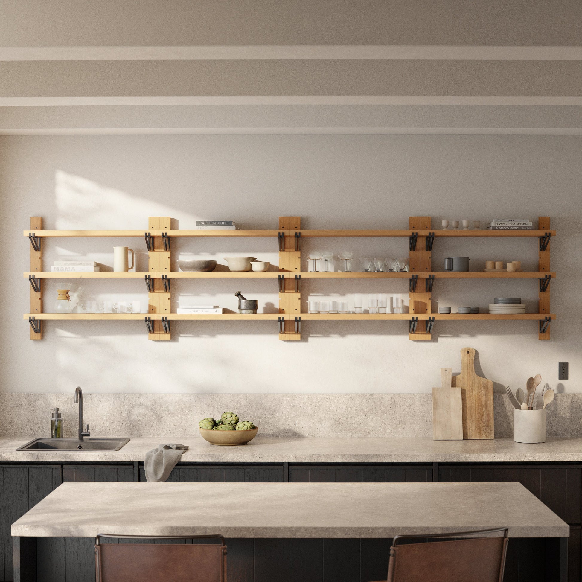 Pivott Shelf by Four Hands in dark iron, natural oak. Made from iron, oak veneer, solid oak in a rustic style.