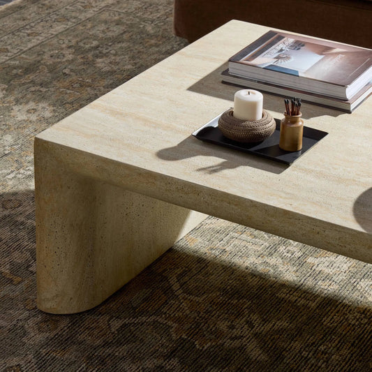 Brad Coffee Table by Four Hands in faux travertine. Made from solid concrete in a transitional style.