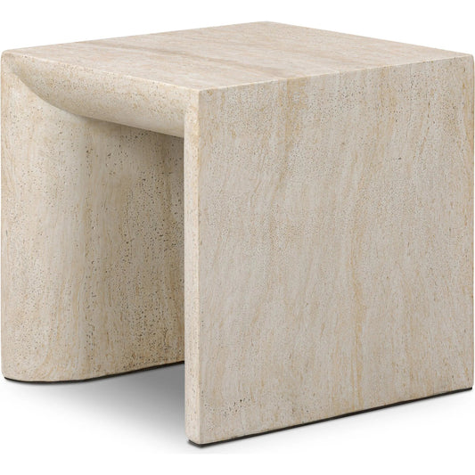 Brad End Table by Four Hands in faux travertine. Made from solid concrete in a transitional style.