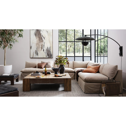 Abaso Coffee Table by Four Hands in ebony rustic wormwood oak. Made from thick oak veneer, engineered hardwood in a transitional style.