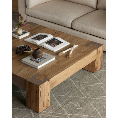 Abaso Coffee Table by Four Hands in ebony rustic wormwood oak. Made from thick oak veneer, engineered hardwood in a transitional style.
