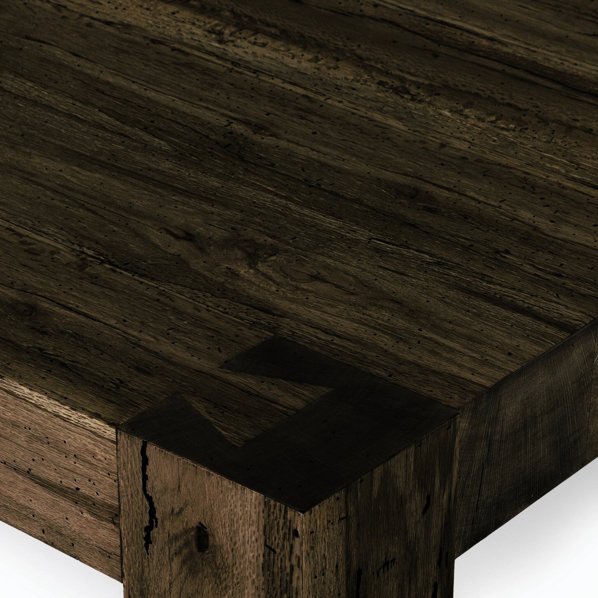 Abaso Coffee Table by Four Hands in ebony rustic wormwood oak. Made from thick oak veneer, engineered hardwood in a transitional style.