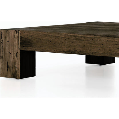 Abaso Coffee Table by Four Hands in ebony rustic wormwood oak. Made from thick oak veneer, engineered hardwood in a transitional style.