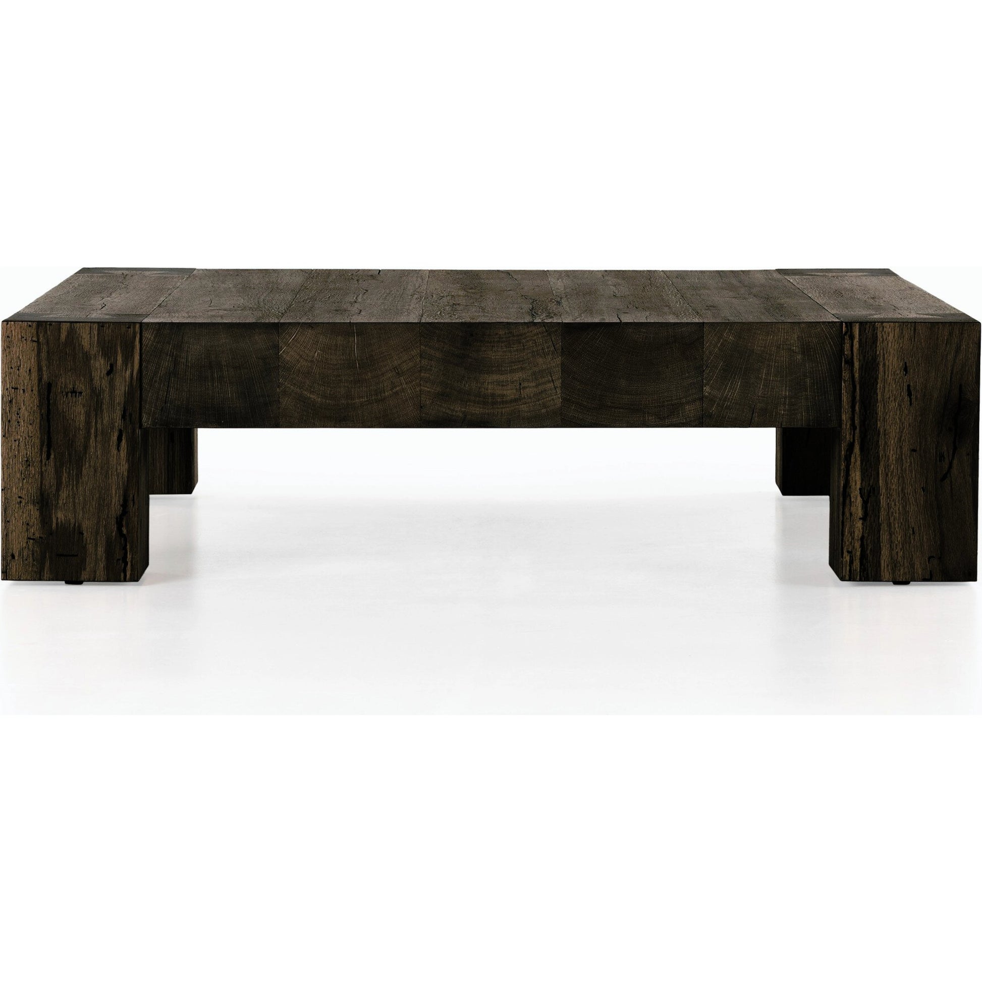 Abaso Coffee Table by Four Hands in ebony rustic wormwood oak. Made from thick oak veneer, engineered hardwood in a transitional style.