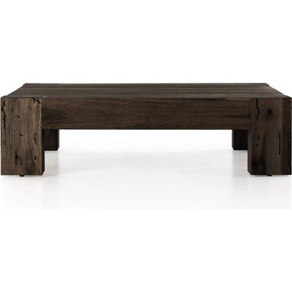 Abaso Coffee Table by Four Hands in ebony rustic wormwood oak. Made from thick oak veneer, engineered hardwood in a transitional style.