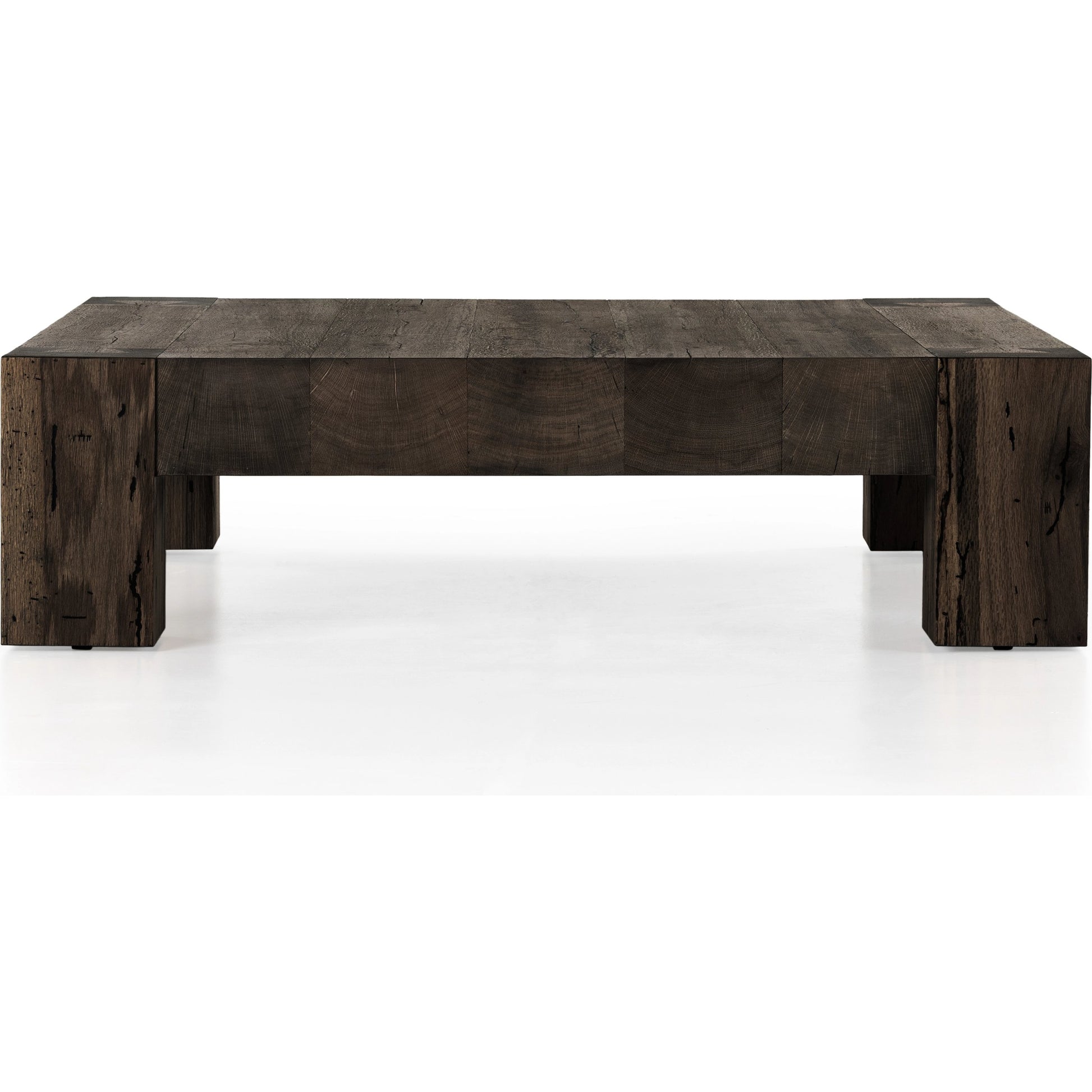Abaso Coffee Table by Four Hands in ebony rustic wormwood oak. Made from thick oak veneer, engineered hardwood in a transitional style.