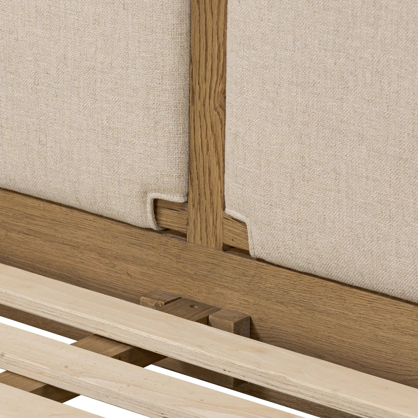 013 SI-2519302 | Closeup | Salado Bed by Four Hands in antigo natural, worn oak. Made from 53% polyester, 30% acrylic, 17% flax/linen, solid oak in a transitional style.