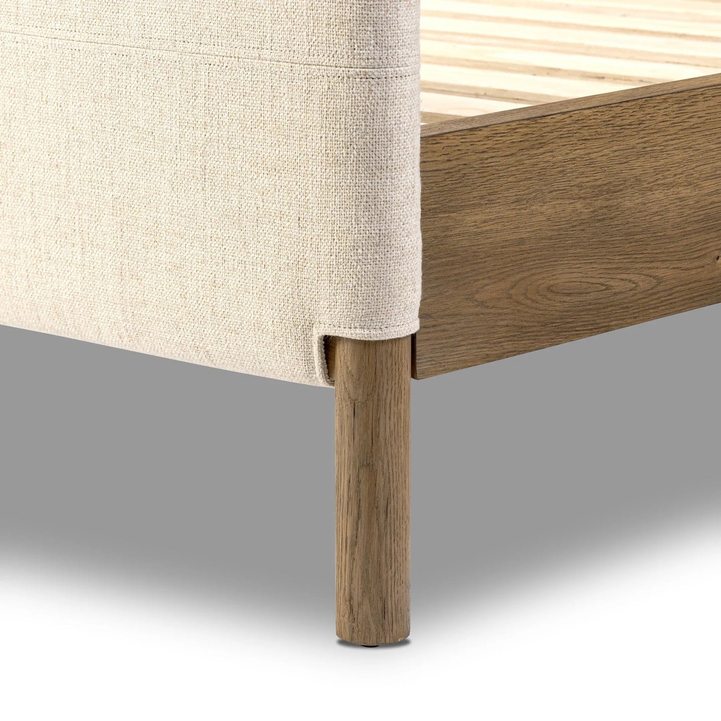 014 SI-2519302 | Closeup | Salado Bed by Four Hands in antigo natural, worn oak. Made from 53% polyester, 30% acrylic, 17% flax/linen, solid oak in a transitional style.