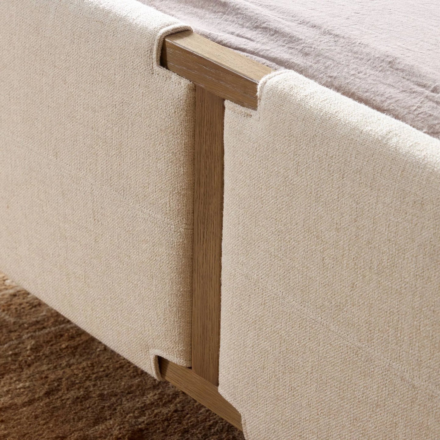 017 SI-2519302 | Closeup | Salado Bed by Four Hands in antigo natural, worn oak. Made from 53% polyester, 30% acrylic, 17% flax/linen, solid oak in a transitional style.