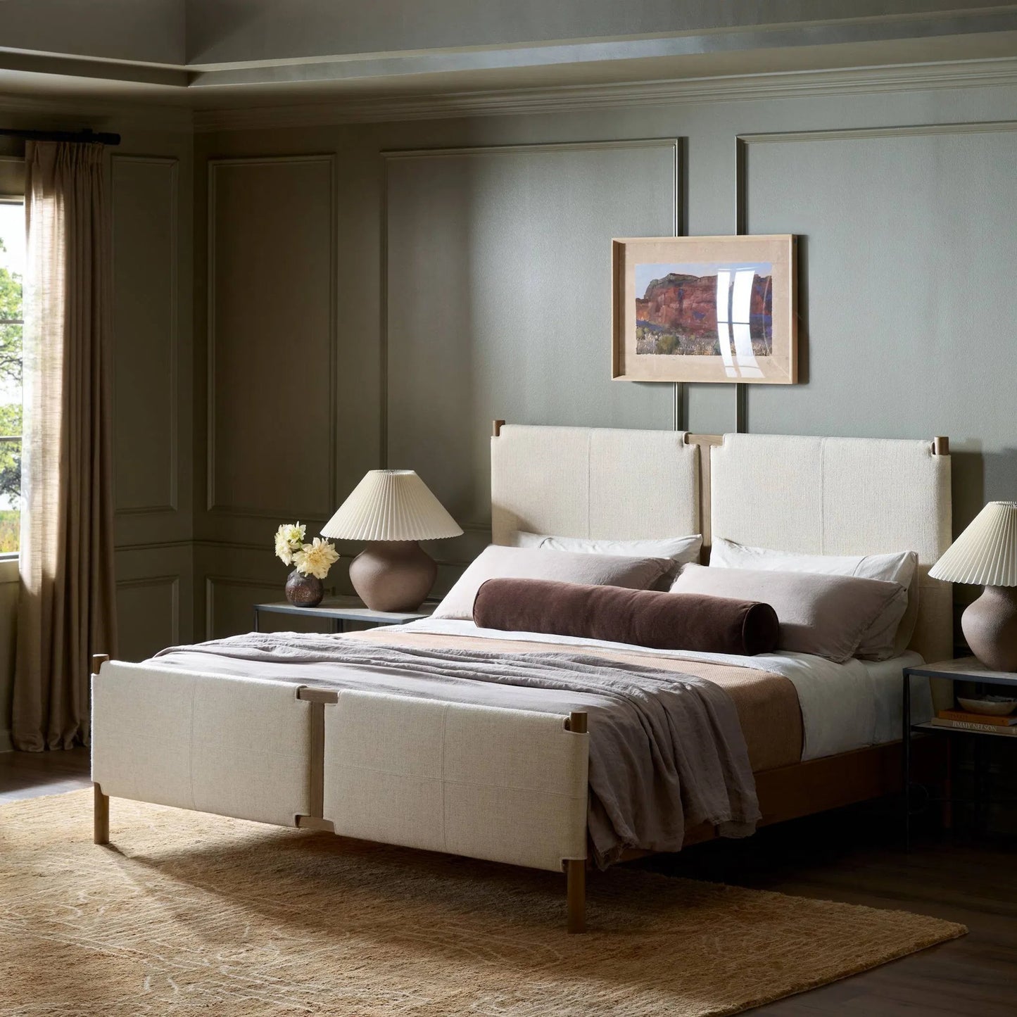 026 SI-2519302,SI-2519303 | Lifestyle | Salado Bed by Four Hands in antigo natural, worn oak. Made from 53% polyester, 30% acrylic, 17% flax/linen, solid oak in a transitional style.