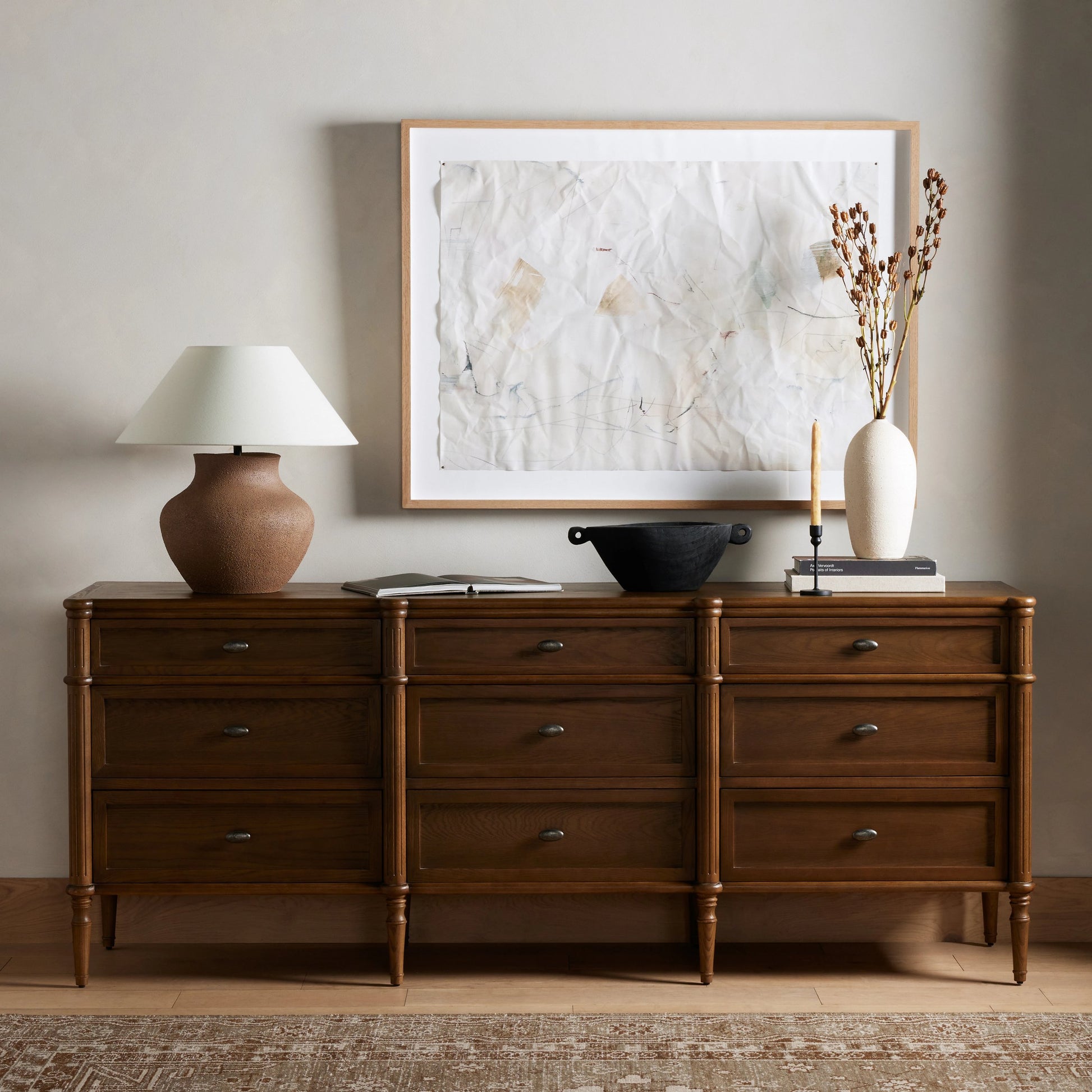 Toulouse 9 Drawer Dresser by Four Hands. Made from solid oak, oak veneer, zinc alloy in a modern style.