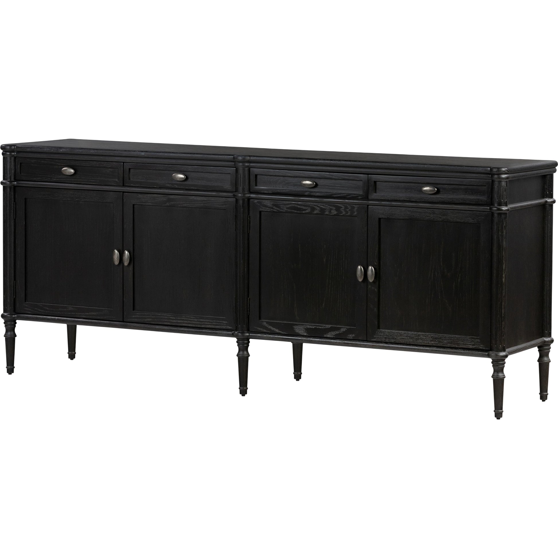 Toulouse Sideboard by Four Hands in distressed black, distressed black oak. Made from oak veneer, solid oak, zinc alloy in a modern style.