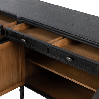 Toulouse Sideboard by Four Hands in distressed black. Made from oak veneer, solid oak, zinc alloy in a modern style.