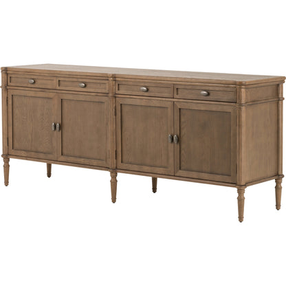 Toulouse Sideboard by Four Hands in distressed black, distressed black oak. Made from oak veneer, solid oak, zinc alloy in a modern style.