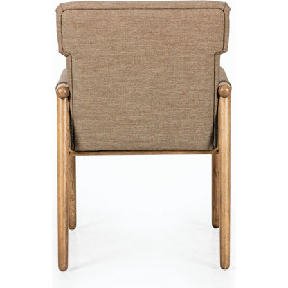 Almada Dining Armchair by Four Hands in valencia camel, distressed natural. Made from top grain leather, solid parawood, 100% polyester in a transitional style.
