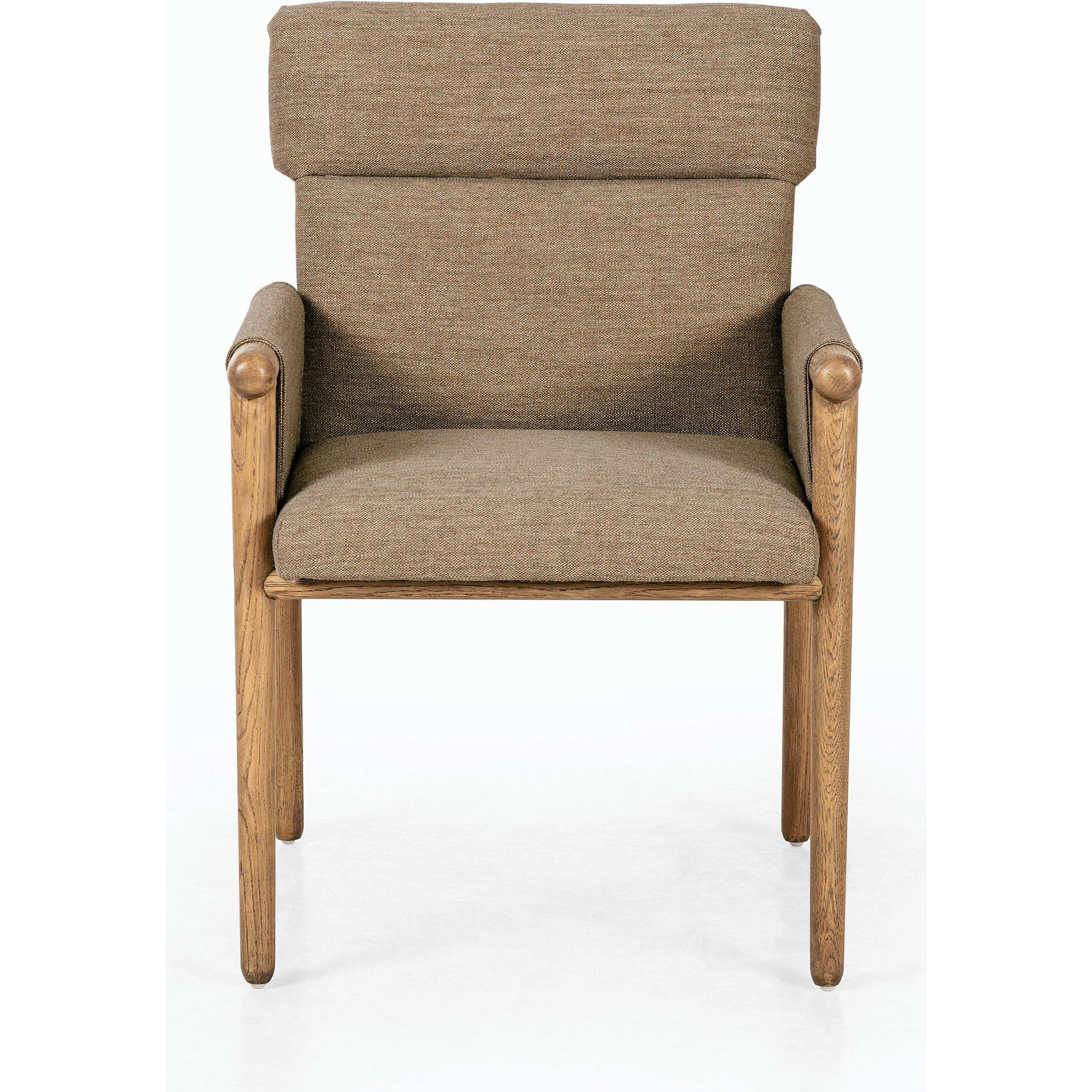 Almada Dining Armchair by Four Hands in valencia camel, distressed natural. Made from top grain leather, solid parawood, 100% polyester in a transitional style.