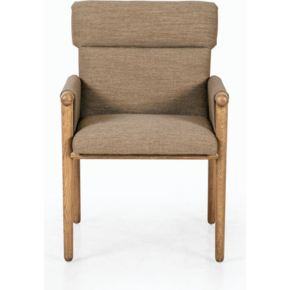 Almada Dining Armchair by Four Hands in valencia camel, distressed natural. Made from top grain leather, solid parawood, 100% polyester in a transitional style.