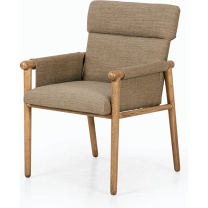 Almada Dining Armchair by Four Hands in valencia camel, distressed natural. Made from top grain leather, solid parawood, 100% polyester in a transitional style.