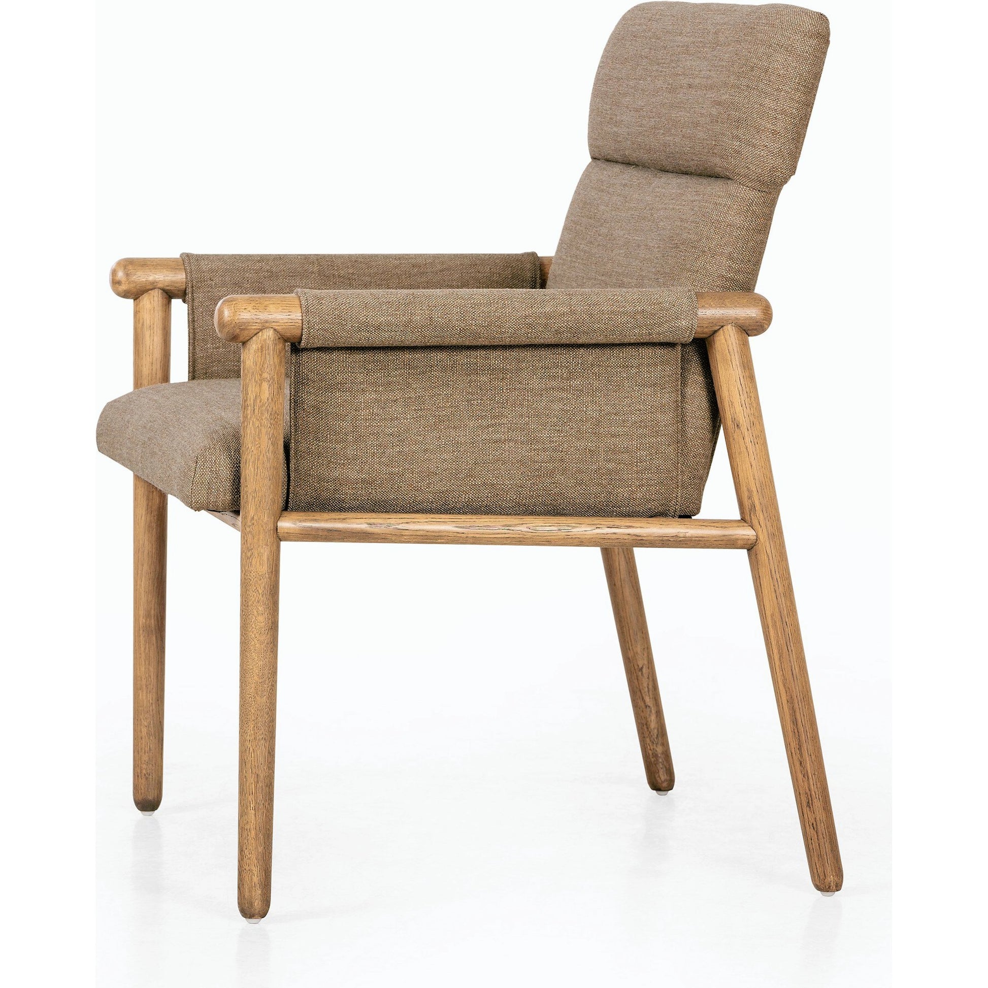 Almada Dining Armchair by Four Hands in valencia camel, distressed natural. Made from top grain leather, solid parawood, 100% polyester in a transitional style.