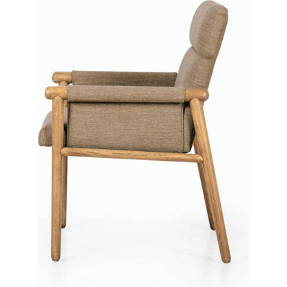 Almada Dining Armchair by Four Hands in valencia camel, distressed natural. Made from top grain leather, solid parawood, 100% polyester in a transitional style.