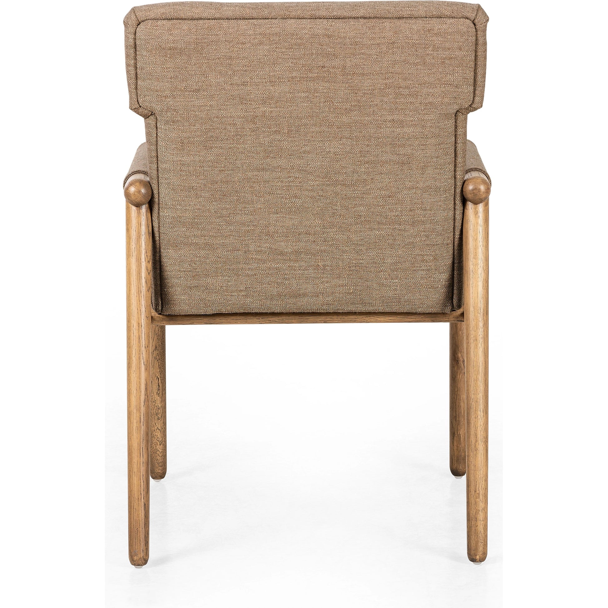 Almada Dining Armchair by Four Hands in valencia camel, distressed natural. Made from top grain leather, solid parawood, 100% polyester in a transitional style.