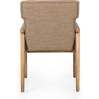 Almada Dining Armchair by Four Hands in valencia camel, distressed natural. Made from top grain leather, solid parawood, 100% polyester in a transitional style.