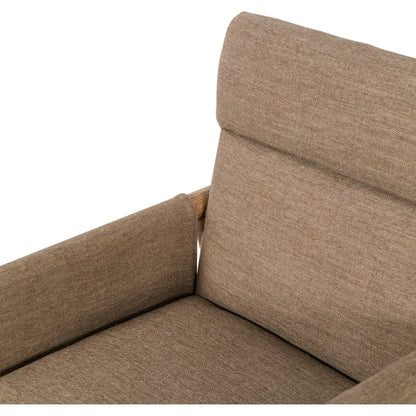 Almada Dining Armchair by Four Hands in valencia camel, distressed natural. Made from top grain leather, solid parawood, 100% polyester in a transitional style.