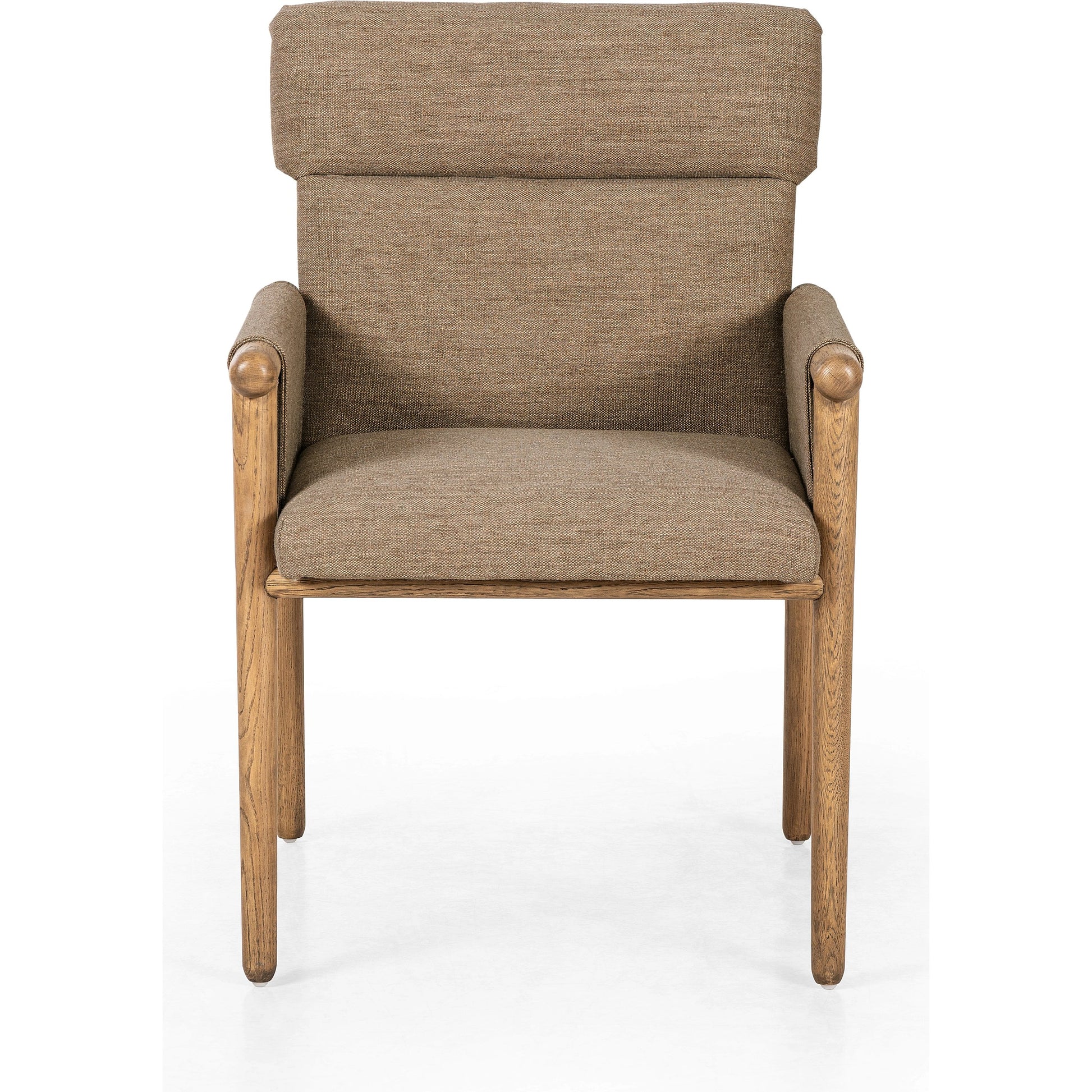 Almada Dining Armchair by Four Hands in valencia camel, distressed natural. Made from top grain leather, solid parawood, 100% polyester in a transitional style.