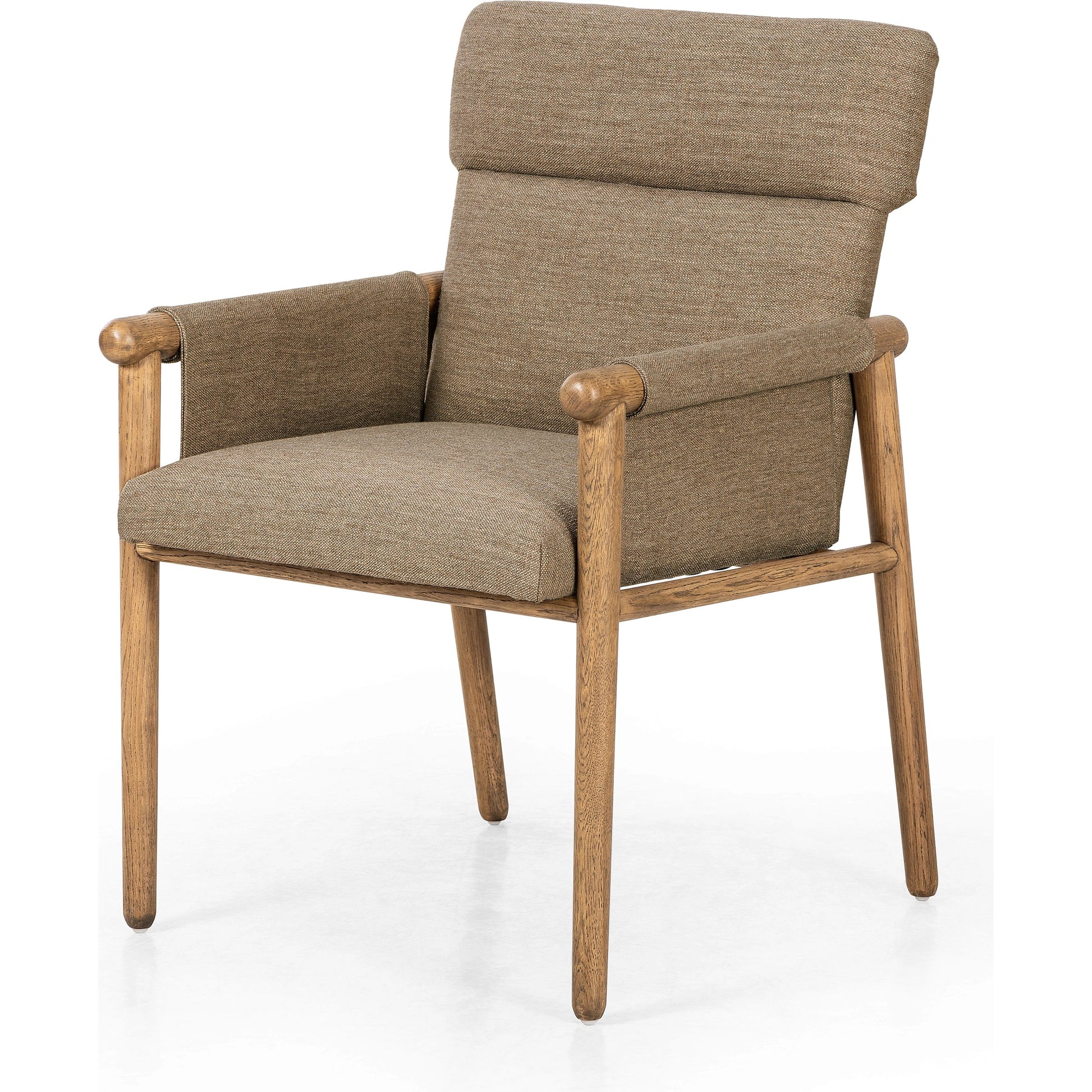 Almada Dining Armchair by Four Hands in valencia camel, distressed natural. Made from top grain leather, solid parawood, 100% polyester in a transitional style.