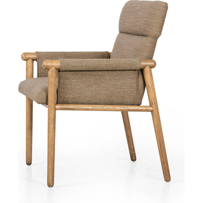 Almada Dining Armchair by Four Hands in valencia camel, distressed natural. Made from top grain leather, solid parawood, 100% polyester in a transitional style.