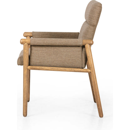 Almada Dining Armchair by Four Hands in valencia camel, distressed natural. Made from top grain leather, solid parawood, 100% polyester in a transitional style.