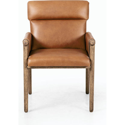 Almada Dining Armchair by Four Hands in valencia camel, distressed natural. Made from top grain leather, solid parawood, 100% polyester in a transitional style.