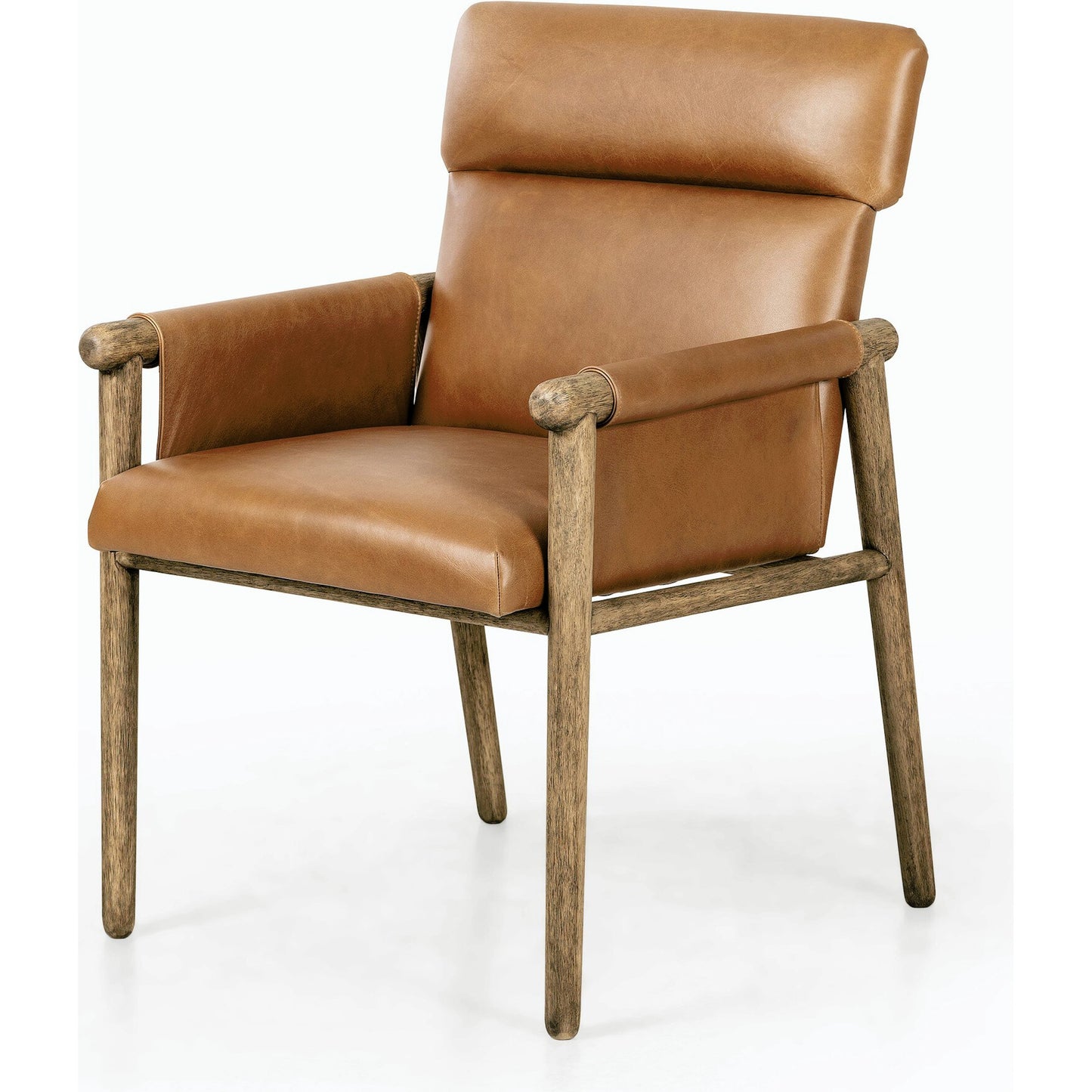 001 SI-1977004 | Primary Silo | Almada Dining Armchair by Four Hands in valencia camel, distressed natural. Made from top grain leather, solid parawood, 100% polyester in a transitional style.