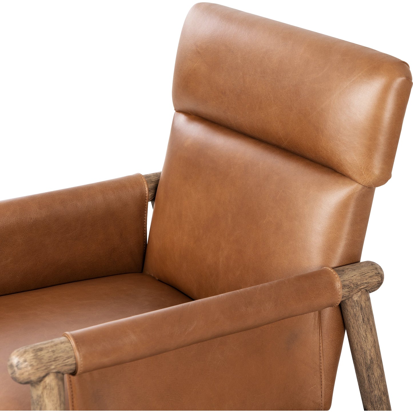 005 SI-1977004 | Closeup | Almada Dining Armchair by Four Hands in valencia camel, distressed natural. Made from top grain leather, solid parawood, 100% polyester in a transitional style.