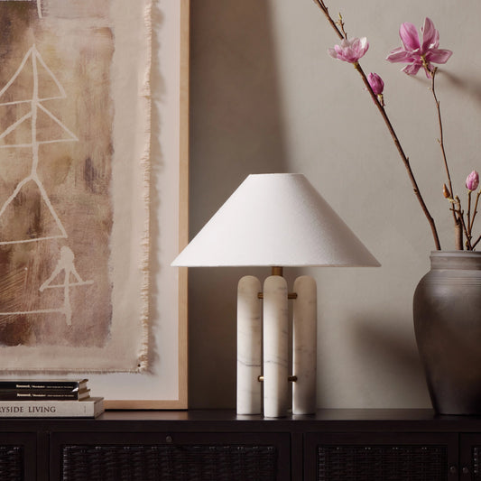 Medici Table Lamp by Four Hands in charcoal, white marble. Made from solid marble, 60% polyester, 40% viscose (rayon), stainless steel in a modern style.