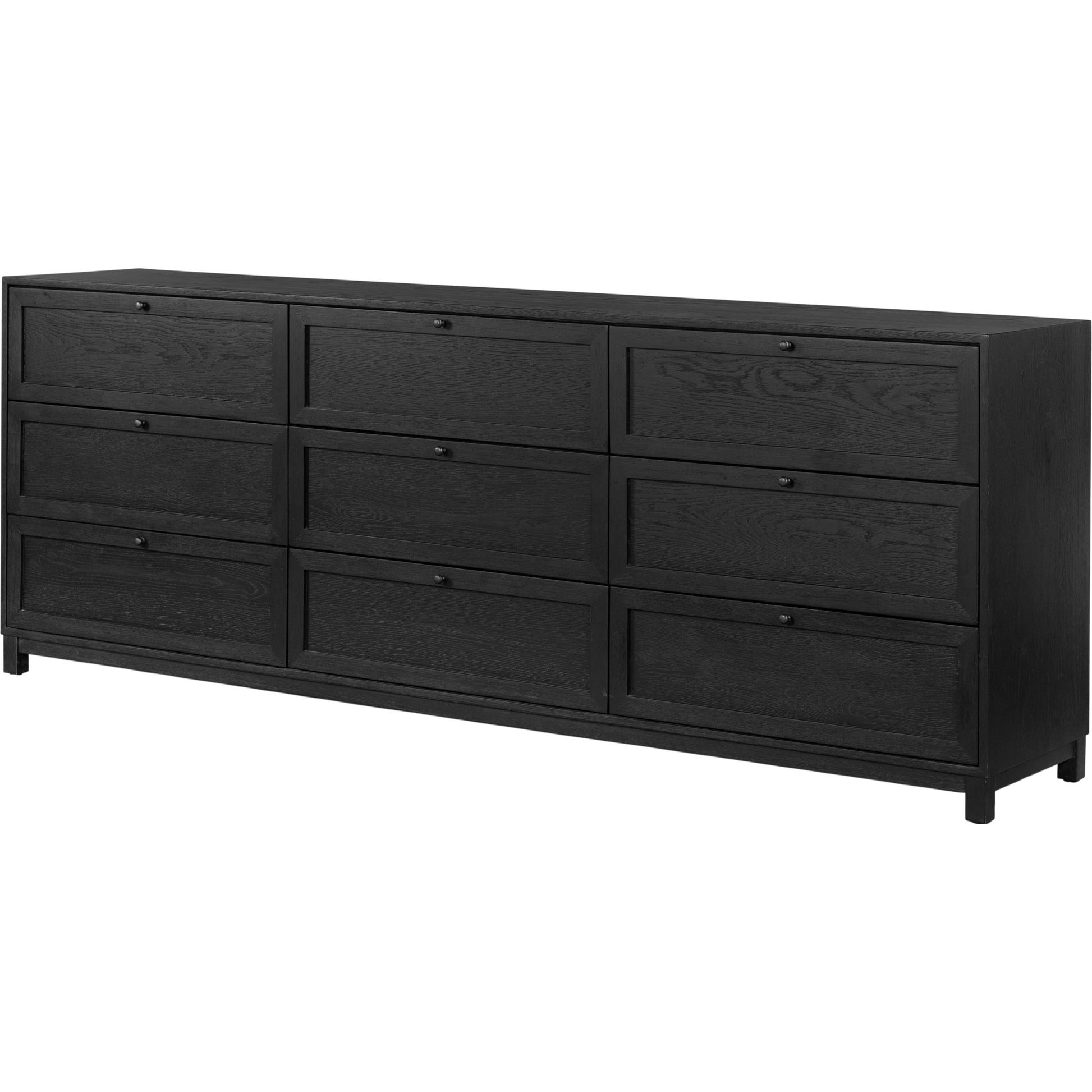 Millie 9 Drawer Dresser by Four Hands in drifted matte black veneer, drifted matte black rubberwood. Made from oak veneer, solid parawood, iron in a modern style.