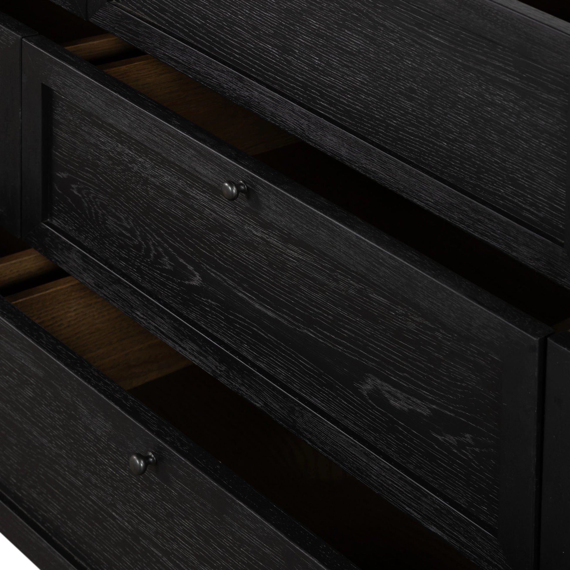 Millie 9 Drawer Dresser by Four Hands in drifted matte black. Made from oak veneer, solid parawood, iron in a modern style.