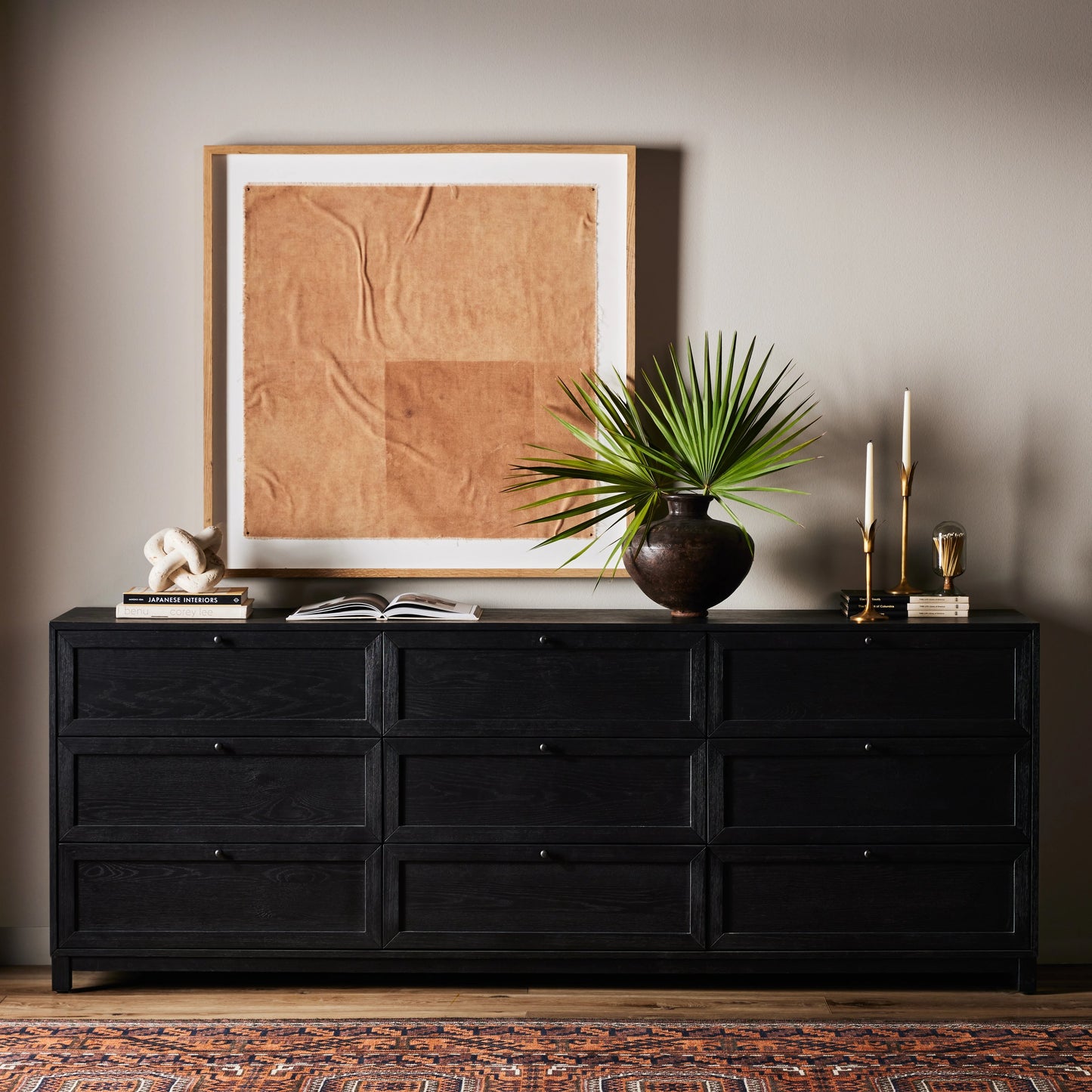 015 SI-2001641 | Lifestyle | Millie 9 Drawer Dresser by Four Hands in drifted matte black. Made from oak veneer, solid parawood, iron in a modern style.