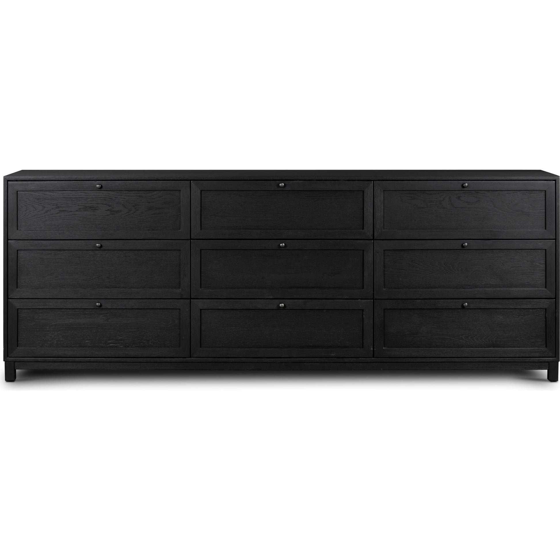 Millie 9 Drawer Dresser by Four Hands in drifted matte black. Made from oak veneer, solid parawood, iron in a modern style.