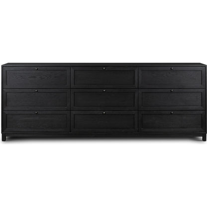 Millie 9 Drawer Dresser by Four Hands in drifted matte black. Made from oak veneer, solid parawood, iron in a modern style.