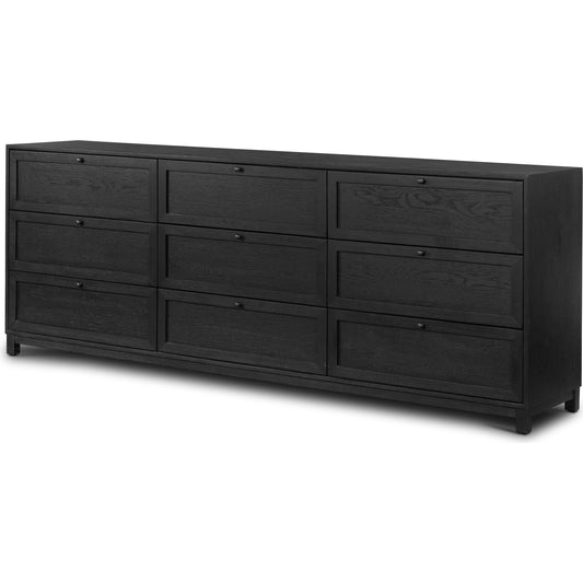Millie 9 Drawer Dresser by Four Hands in drifted matte black. Made from oak veneer, solid parawood, iron in a modern style.