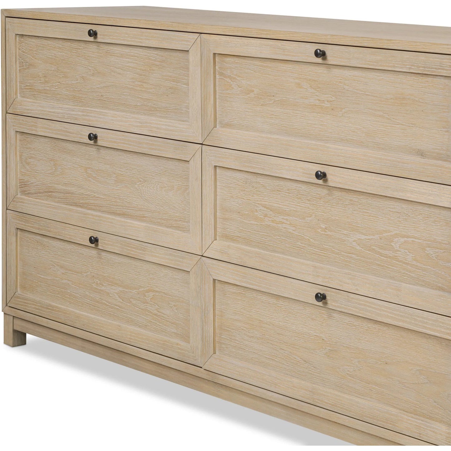 011 SI-2519247 | Closeup | Millie 9 Drawer Dresser by Four Hands in bleached oak veneer, light bleach rubberwood. Made from oak veneer, solid parawood in a transitional style.