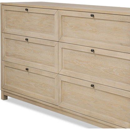 Millie 9 Drawer Dresser by Four Hands in bleached oak veneer, light bleach rubberwood. Made from oak veneer, solid parawood in a transitional style.