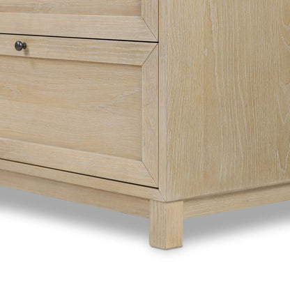 Millie 9 Drawer Dresser by Four Hands in bleached oak veneer, light bleach rubberwood. Made from oak veneer, solid parawood in a transitional style.