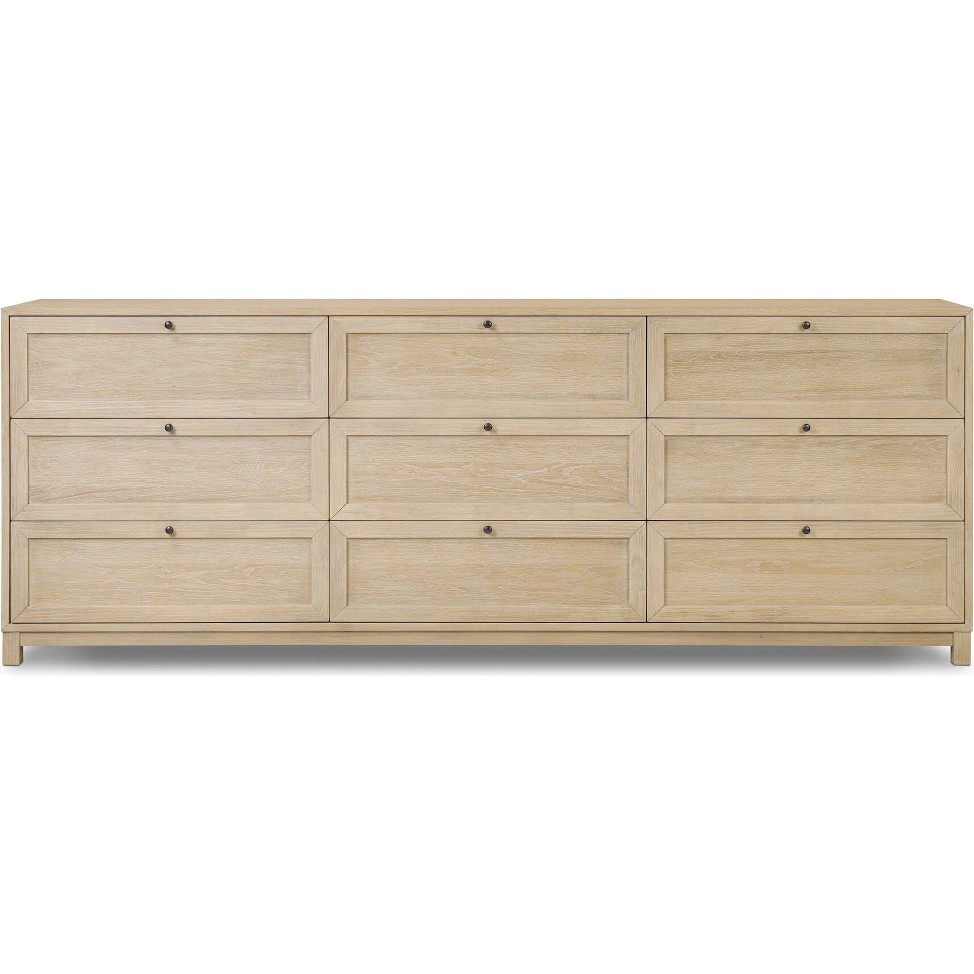 Millie 9 Drawer Dresser by Four Hands in bleached oak veneer, light bleach rubberwood. Made from oak veneer, solid parawood in a transitional style.