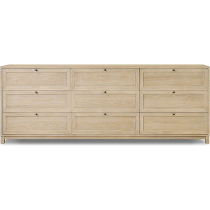 Millie 9 Drawer Dresser by Four Hands in bleached oak veneer, light bleach rubberwood. Made from oak veneer, solid parawood in a transitional style.