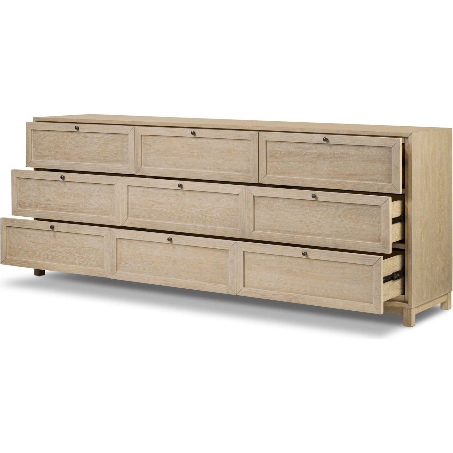 009 SI-2519247 | Closeup | Millie 9 Drawer Dresser by Four Hands in bleached oak veneer, light bleach rubberwood. Made from oak veneer, solid parawood in a transitional style.