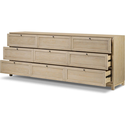 Millie 9 Drawer Dresser by Four Hands in bleached oak veneer, light bleach rubberwood. Made from oak veneer, solid parawood in a transitional style.